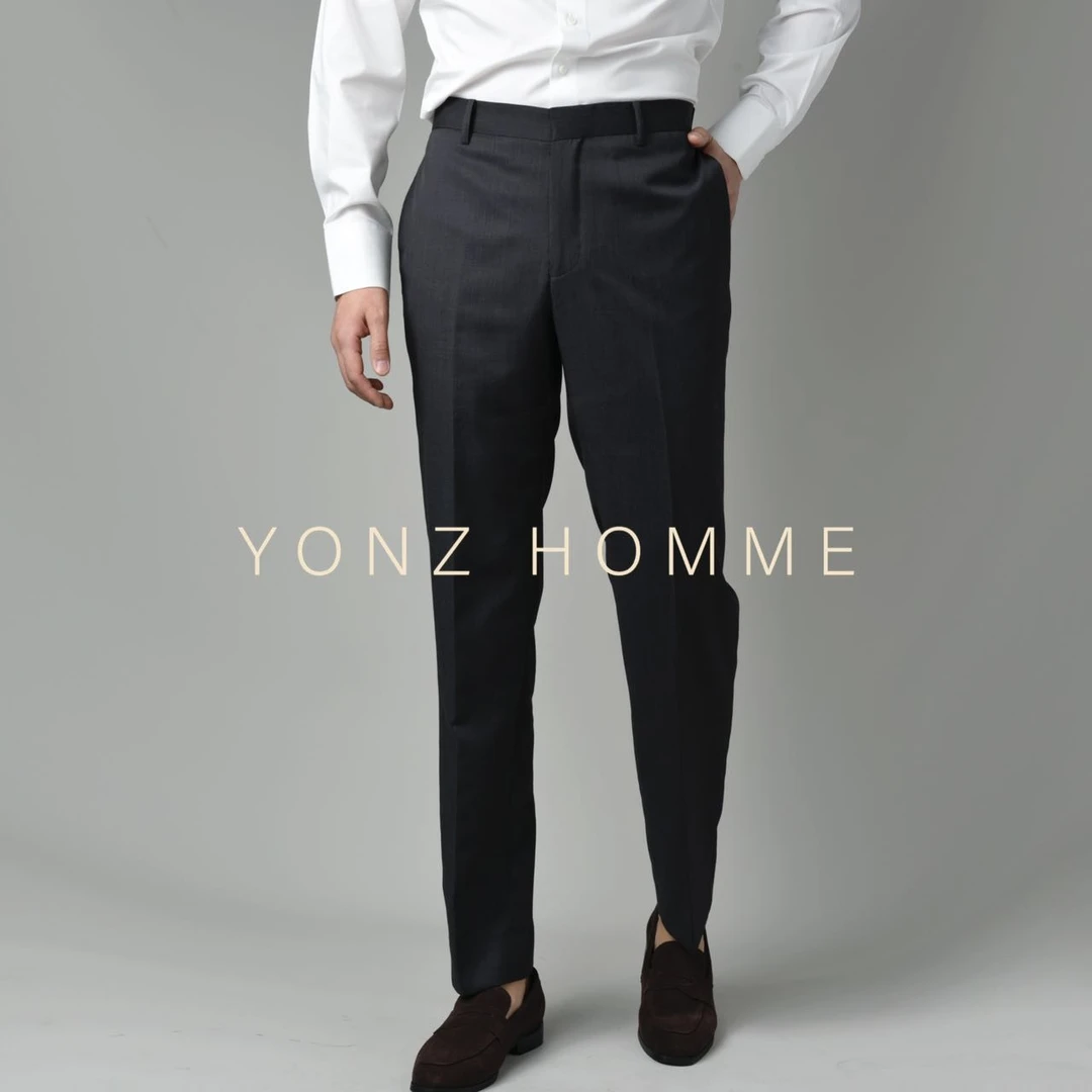 YONZ HOMME 男士黑灰色一字袋羊毛春夏休闲西裤基础皮带扣修身