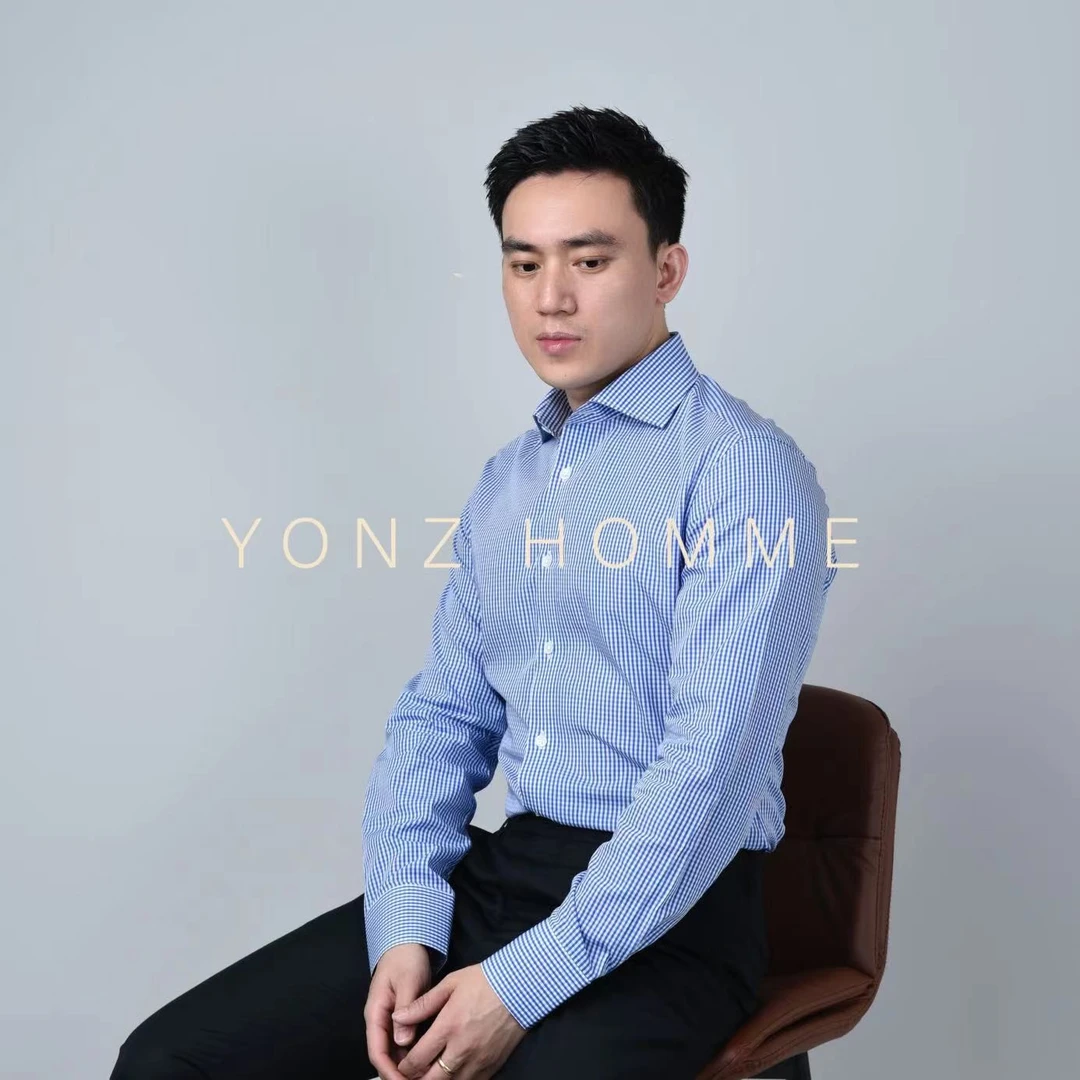 YONZ HOMME 男士蓝白维希格纹高定工艺衬衫全棉液氨工艺长袖衬衫