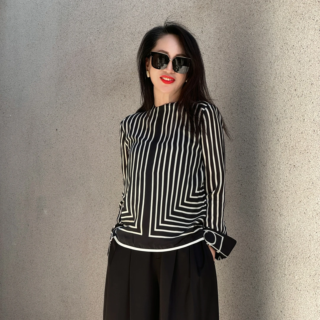 小宁定制 /100桑蚕丝/ 几何条纹圆领真丝衬衫春夏长袖