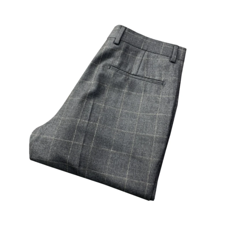 鸟【93.5%澳毛西裤】灰色格纹男士百搭中高腰磨毛西裤XK065