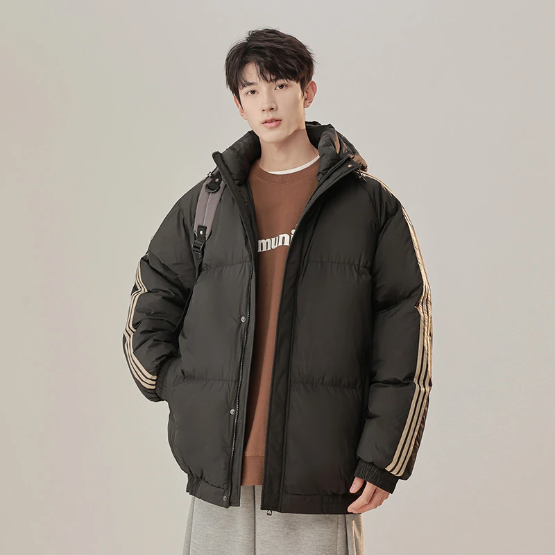 三条纹棉服棉衣冬季新款百搭情侣宽松加厚保暖连帽加绒韩系外套