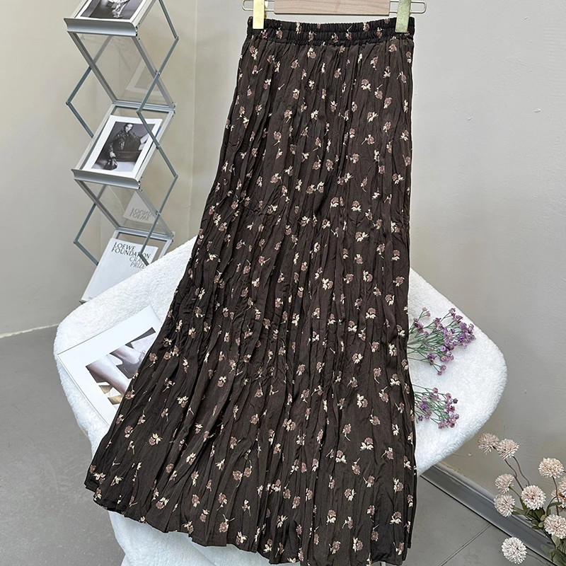 3111 【秋上新】六片裙拼接复古玫瑰碎花半身裙褶皱垂感大摆A字裙子