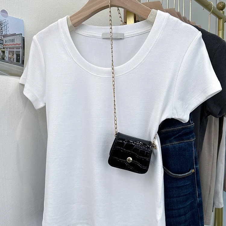 602630 百搭短袖小衫打底短款上衣修身圆领简约高品质t恤女