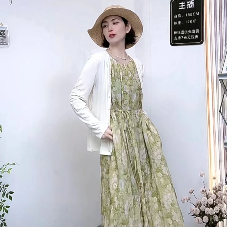 62601 夏季宽松莫奈花园绿遮肉显瘦系带设计新款无袖连衣裙