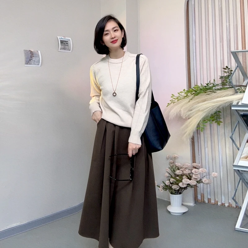 8058 韩版毛呢秋冬厚款半身裙2024冬季新款A字裙百褶显瘦长裙女