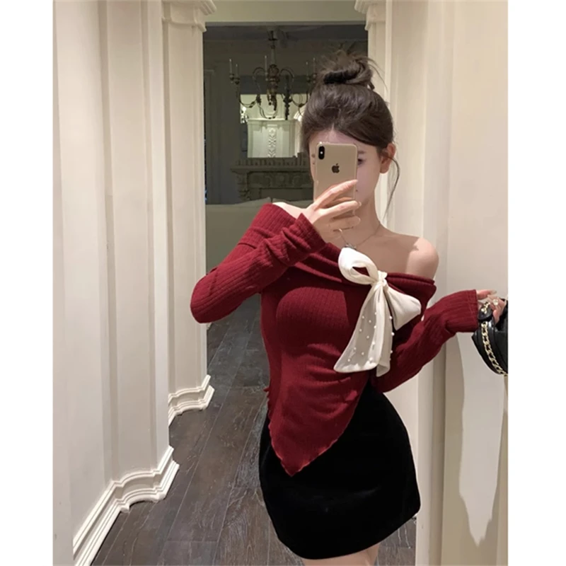 法式纯欲风蝴蝶结一字领针织衫女春季新款设计感修身长袖显瘦t恤