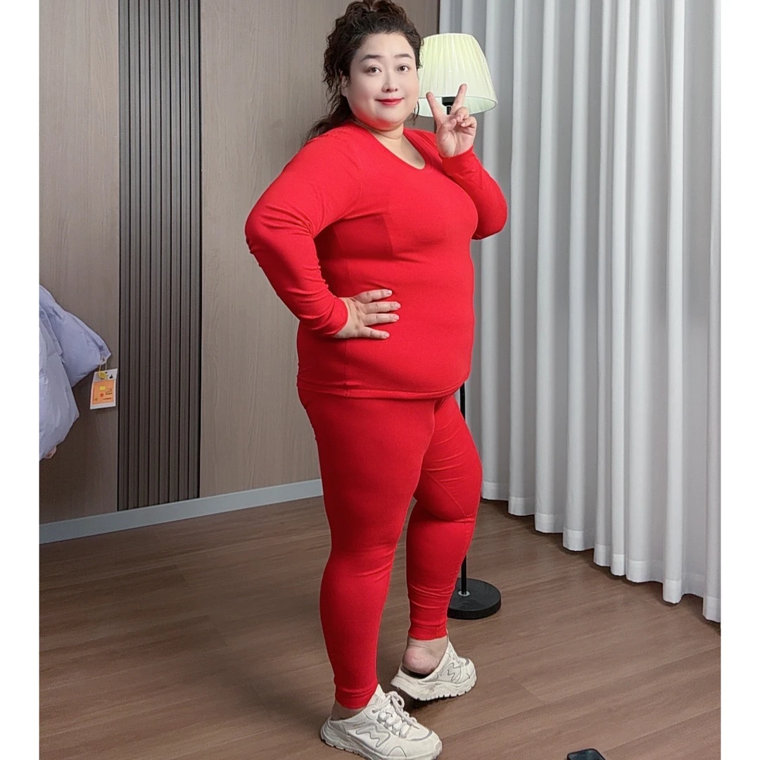 秋冬大码女装加大130-240斤宽松休闲红色高腰长袖秋衣秋裤套装