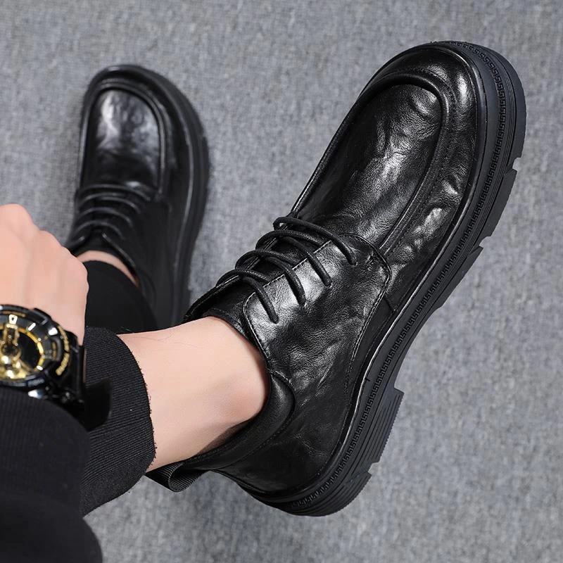 时尚百搭皮鞋男鞋子2024新款高筒棉鞋加绒皮厚底短靴潮牌黑色马q