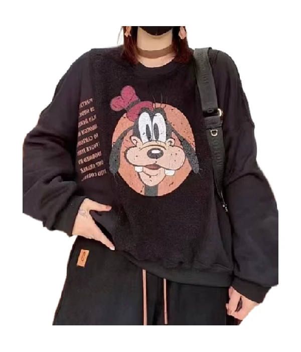 【衣布到味华华】冬季加绒重工宽松圆领卡通拼接卫衣5106款