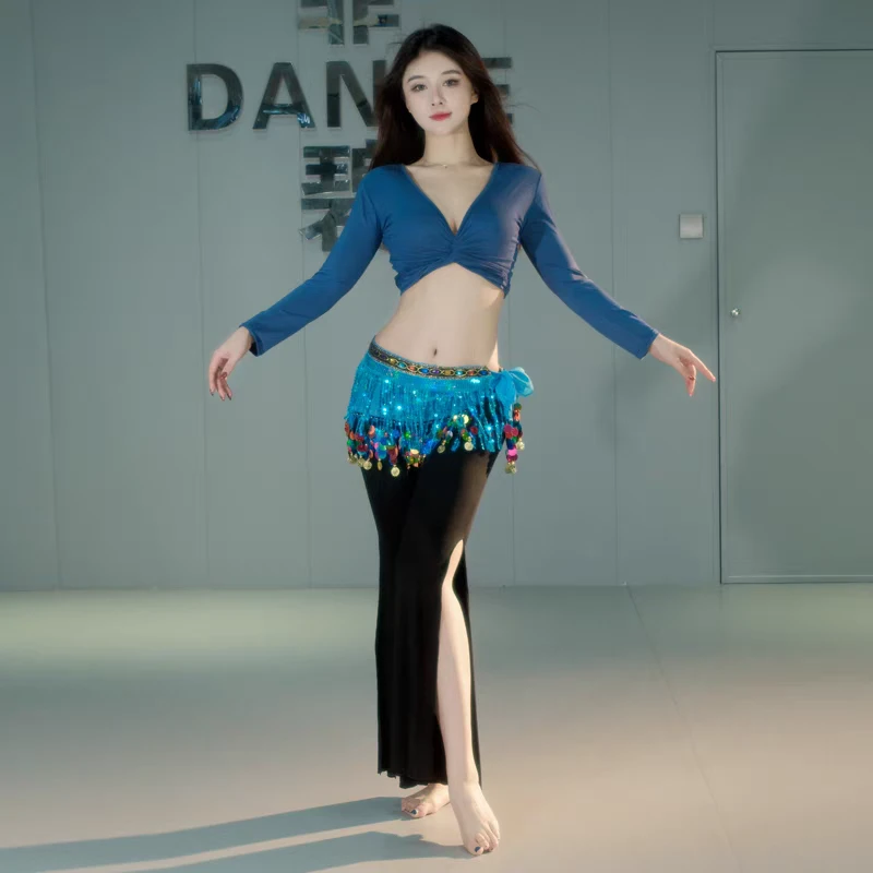 秋冬新款东方舞蹈肚皮舞练功服舞蹈服服装套装莫代尔性感开叉裤
