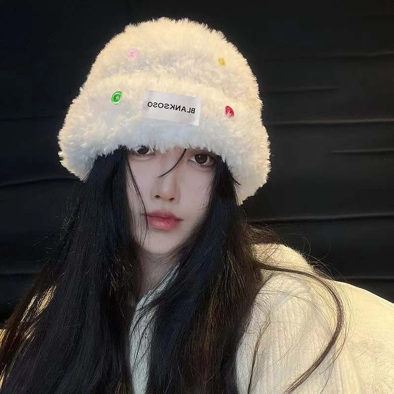 秋冬季女款 百搭针织包头显脸小保暖白色毛绒茸冷帽 大头围毛线帽