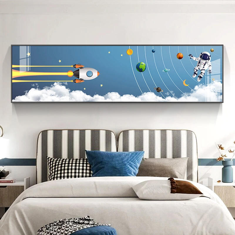 创意卡通儿童房装饰画太空宇航员卧室床头挂画现代简约横幅壁画