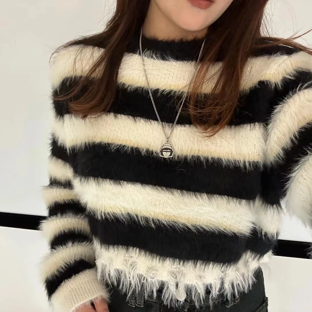 韩版圆领慵懒海马毛百搭长袖毛衣条纹拼色宽松秋冬时尚慵懒风网红