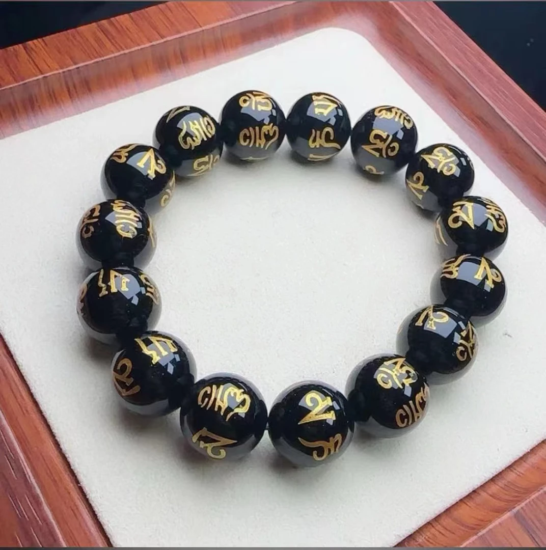 天然玉石黑玛瑙手链六字真言卡12m珠子单圈男女同款手链