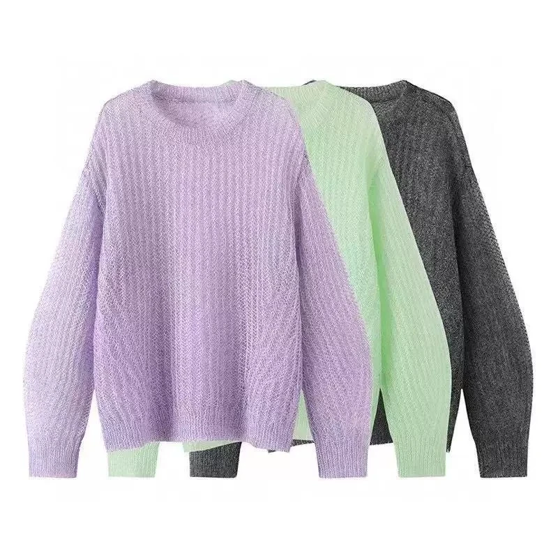 110冬季新款针织衫紫色圆领长袖慵懒风灯笼袖毛衣