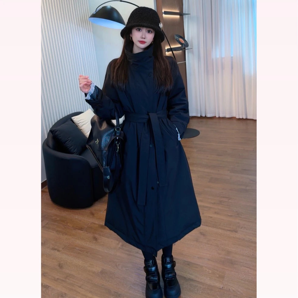 【保真90白鸭绒】英伦风黑色大衣宽松显瘦长款过膝羽绒服外套