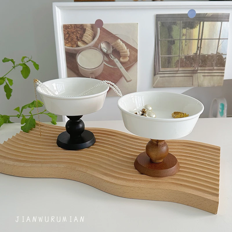 中古木柄高脚甜品碗法式复古陶瓷家用高颜值点心布丁冰淇淋早餐碗