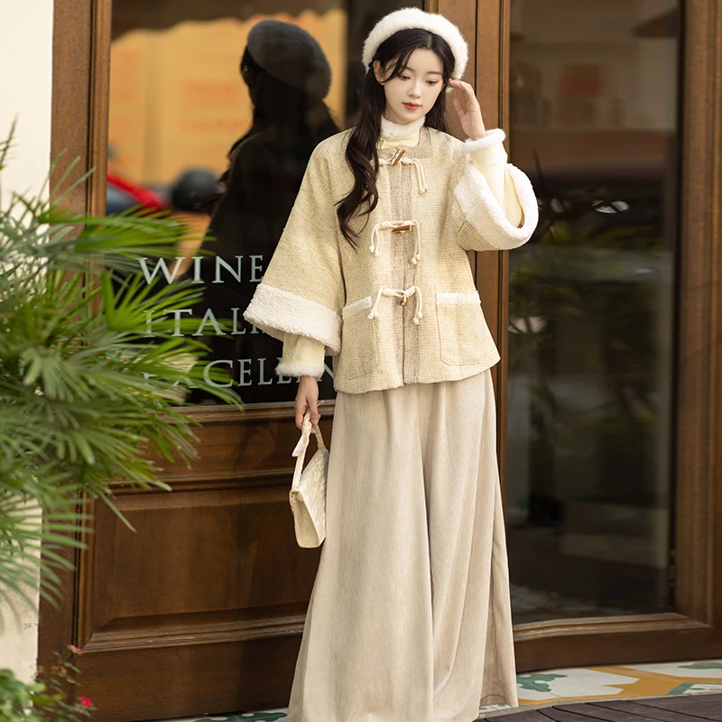 琼玉阁栗子明制汉服套装方领改良宋裤2024新款女秋冬国风汉元素