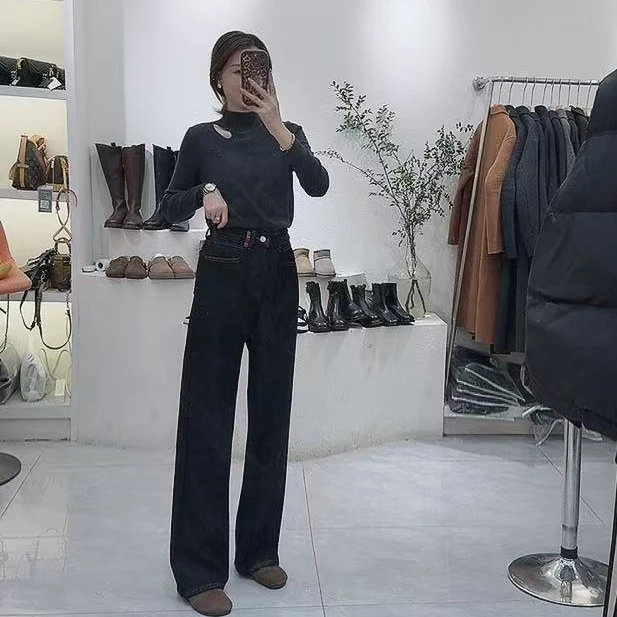 新款加绒中高腰显瘦牛仔直筒裤6665