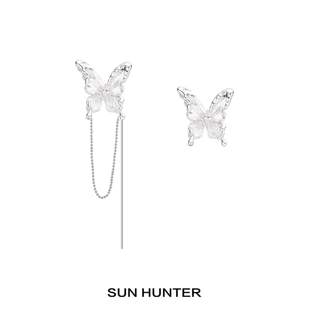 铜合金合成锆石耳饰 三横SUN HUNTER原创流苏透明蝴蝶耳骨夹高级