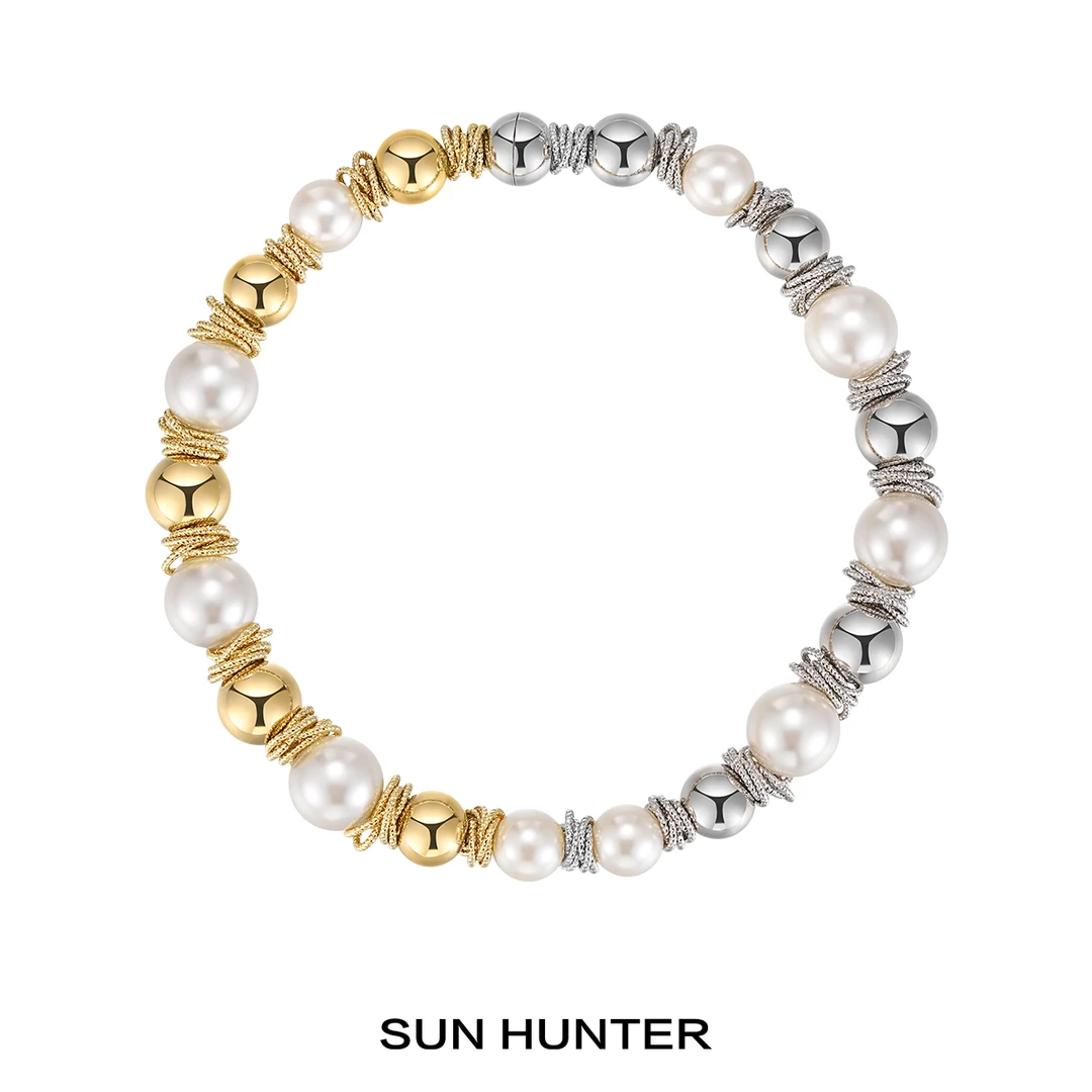 铜合金仿珍珠项链 三横SUN HUNTER原创磁吸珠珠拼接项链复古金属