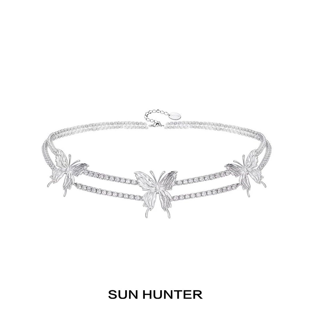铜合金合成锆石项链 三横SUN HUNTER原创蝴蝶choker小众双层项链