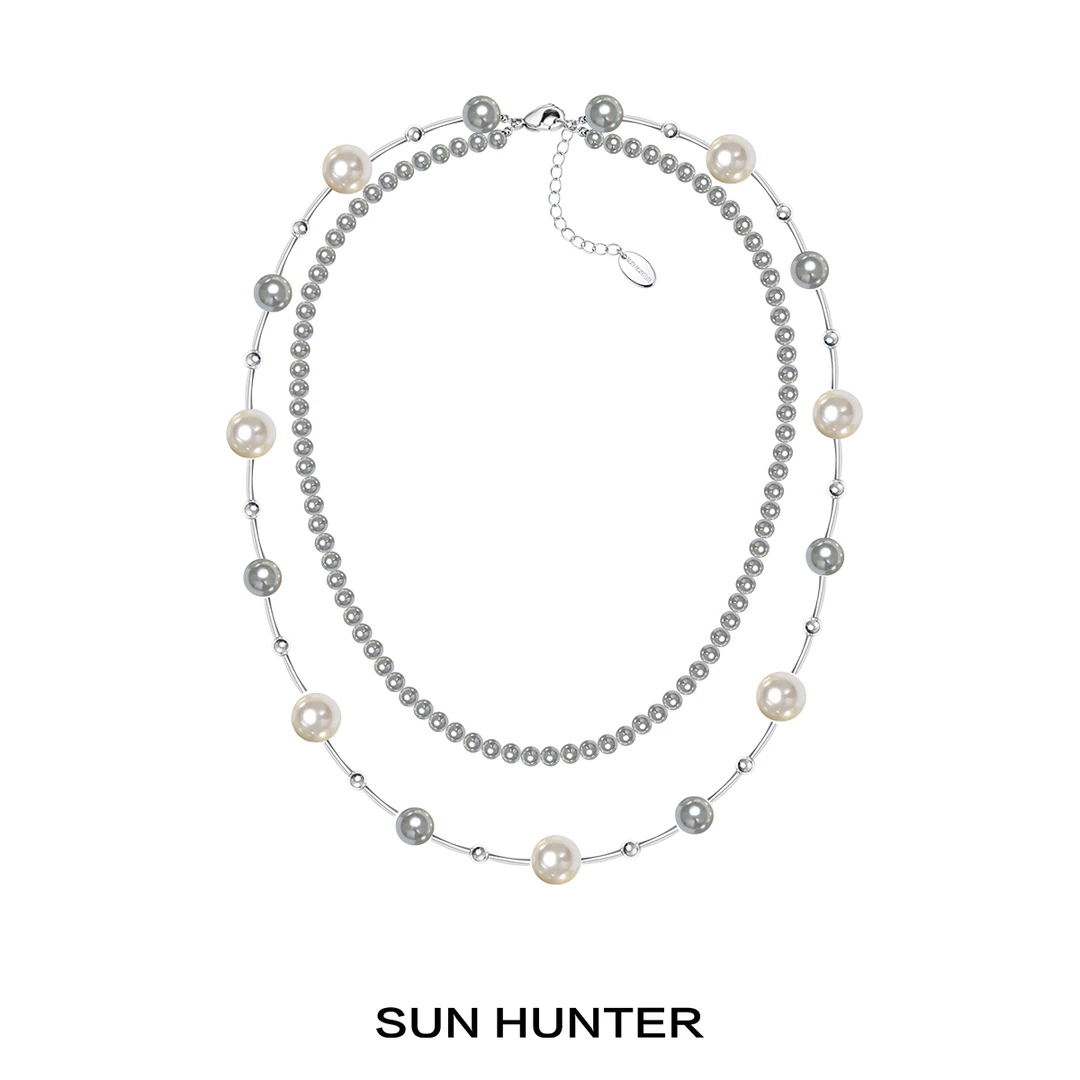铜合金仿珍珠项链 三横SUN HUNTER原创双层满天星珠珠项链春夏叠