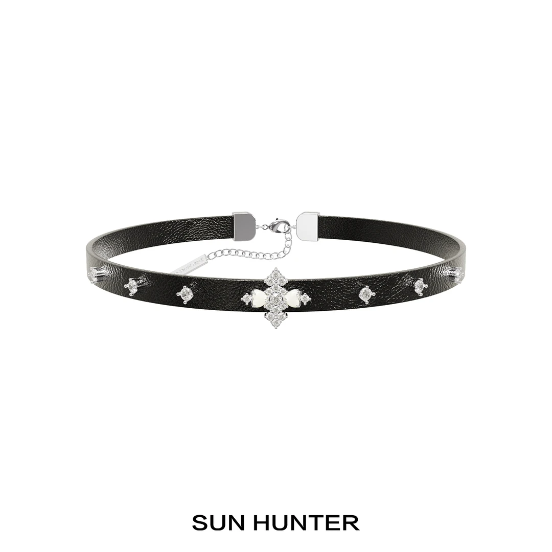 铜合金皮质项链 三横SUN HUNTER原创十字架choker复古辣妹颈链