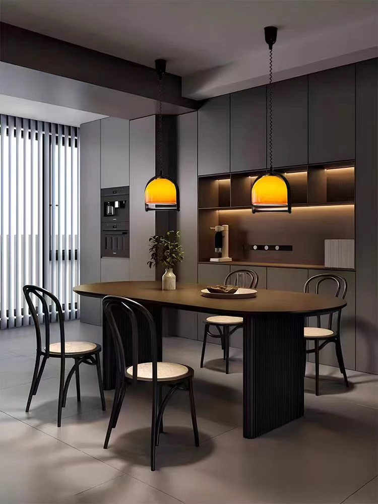 中古玻璃吊灯可伸缩餐厅吧台灯日式实木诧寂风复古岛台餐桌饭厅灯