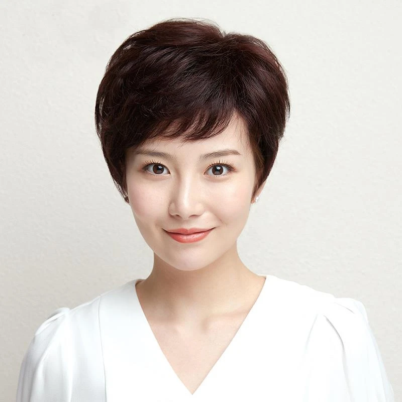 假发女短发真发全真自然短卷发光头专用透气全头套中年妈妈烫卷发