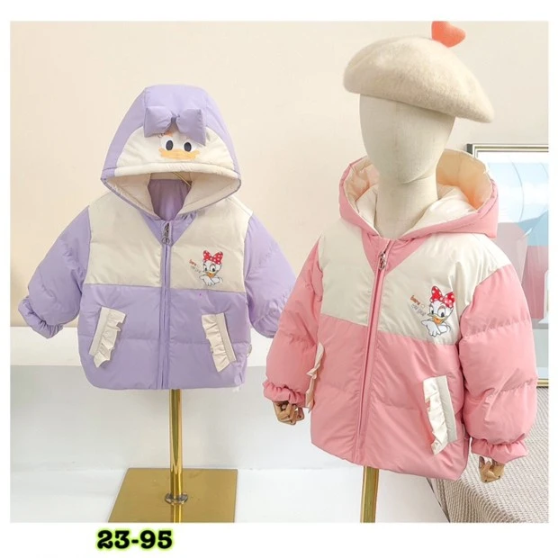 Q578 卡通黛西鸭拼接带帽羽绒服（紫色）