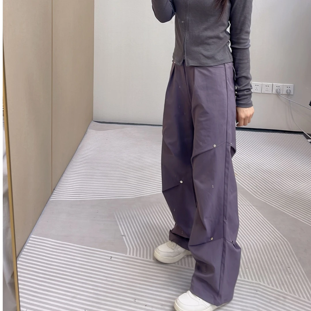 户外直筒休闲时尚百搭纯色铆钉装饰休闲裤显瘦宽松