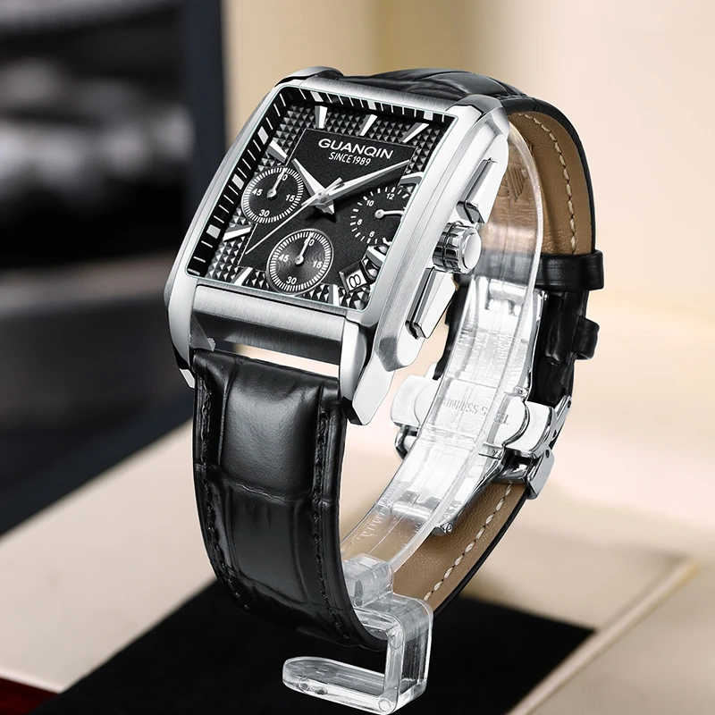 正品冠琴方形男士时尚潮流防水夜光真皮带男表官方男士手表