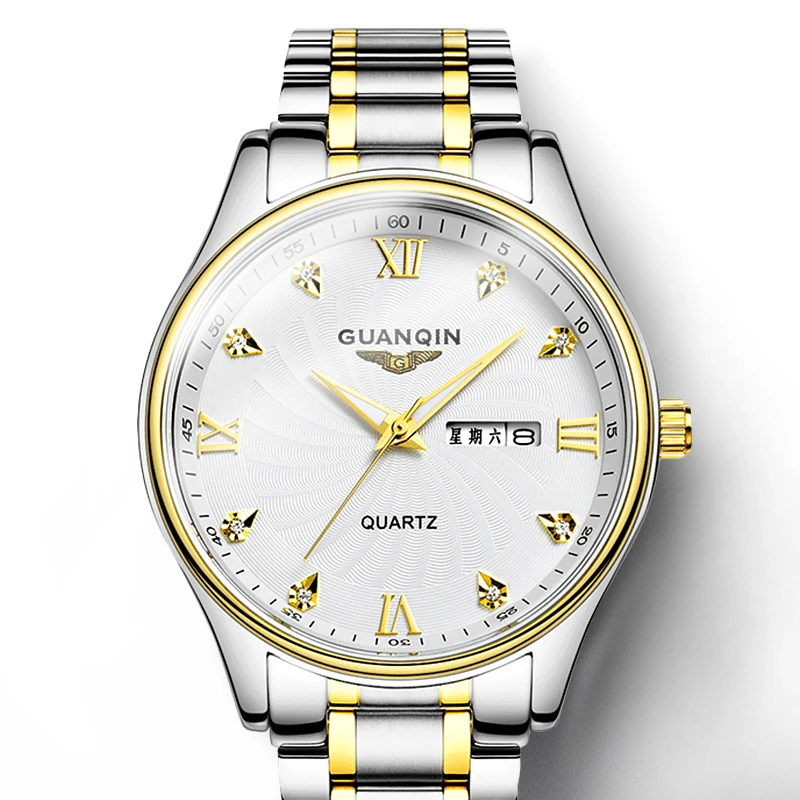 冠琴正品手表男薄款男士石英表双日历防水夜光商务男士复古精钢