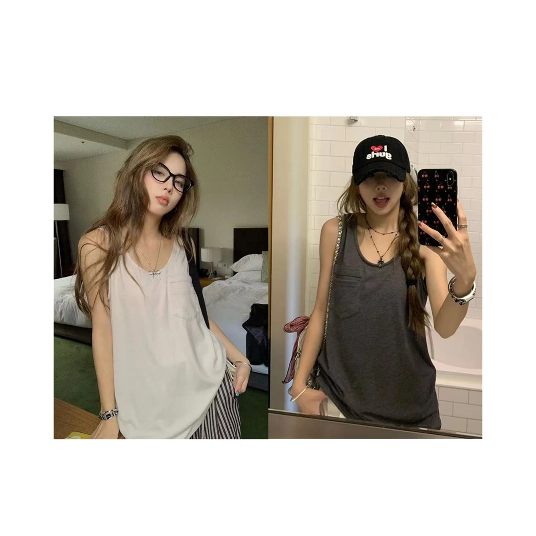 【舒适主义】韩系慵懒简约百搭无袖背心秋款口袋磨毛背心61316