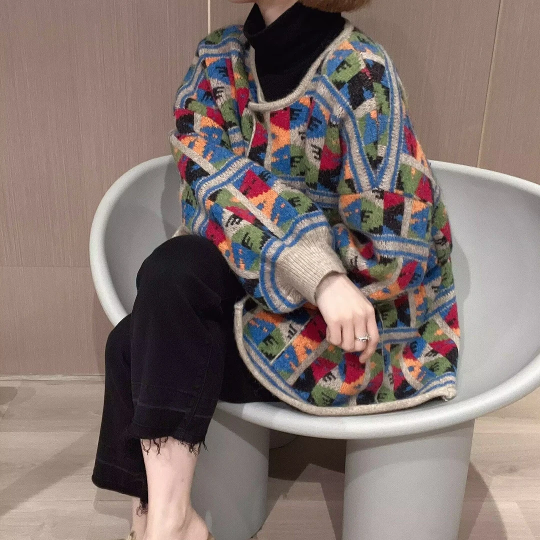 2025秋冬季新款韩版圆领复古花色毛衣宽松洋气外套时尚大口袋开衫