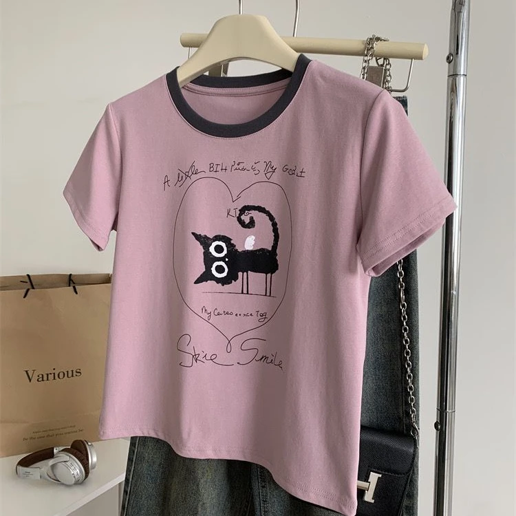 卡通复古猫咪减龄印花T恤女百搭撞色圆领短袖小个子短款打底上衣