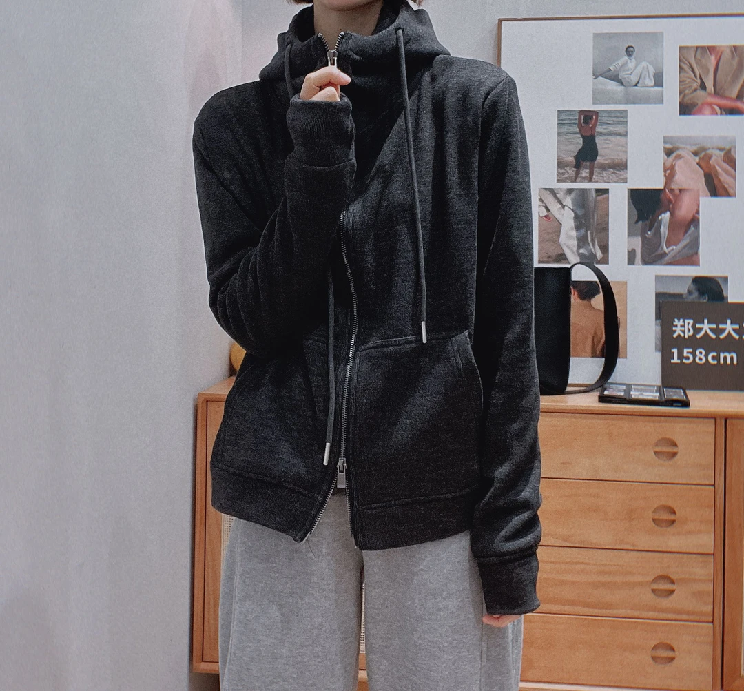 2023年新款韩版休闲连帽卫衣女百搭宽松双拉链加绒加厚外套