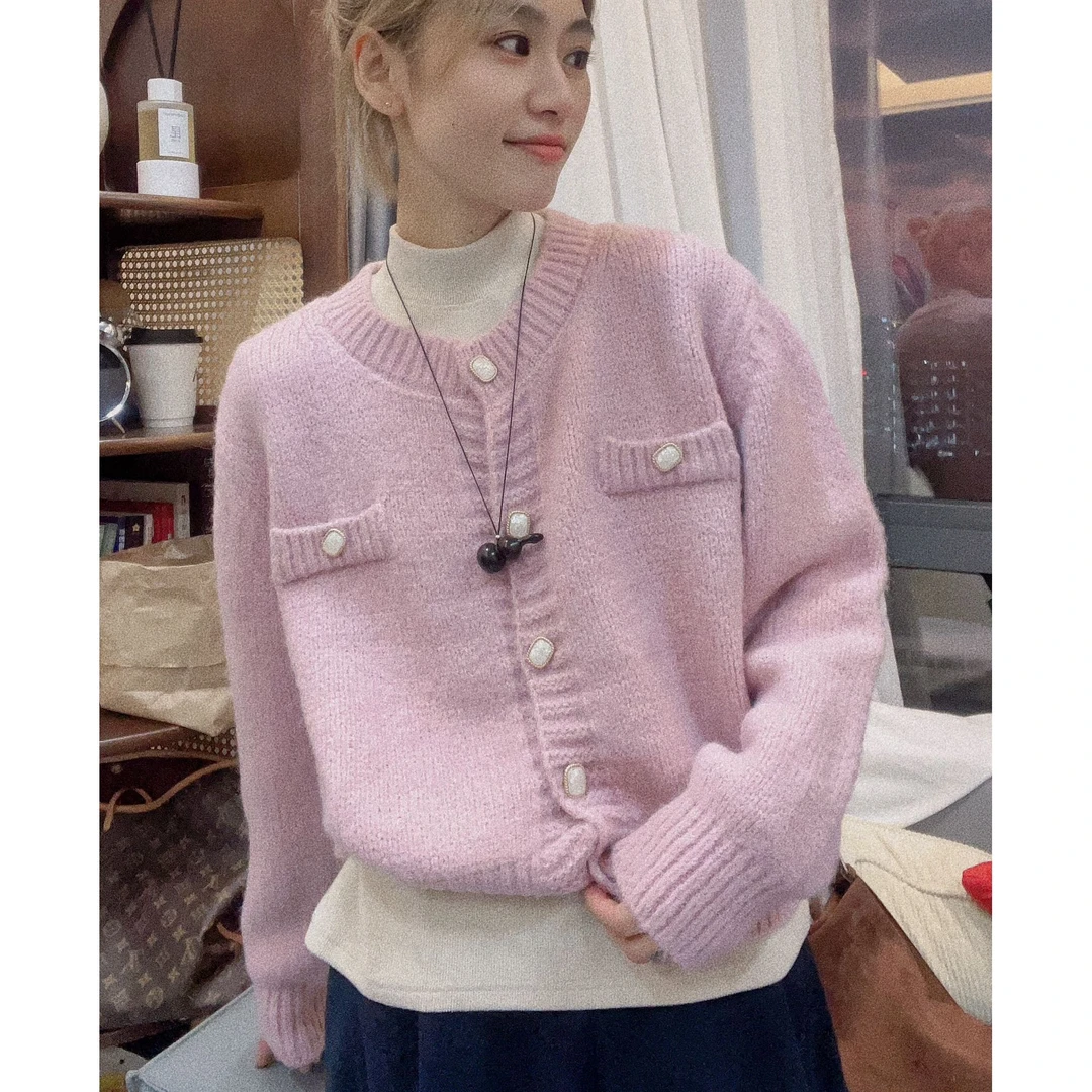 韩系2024年秋冬新款高级感别致纽扣慵懒风纯色针织开衫毛衣外套