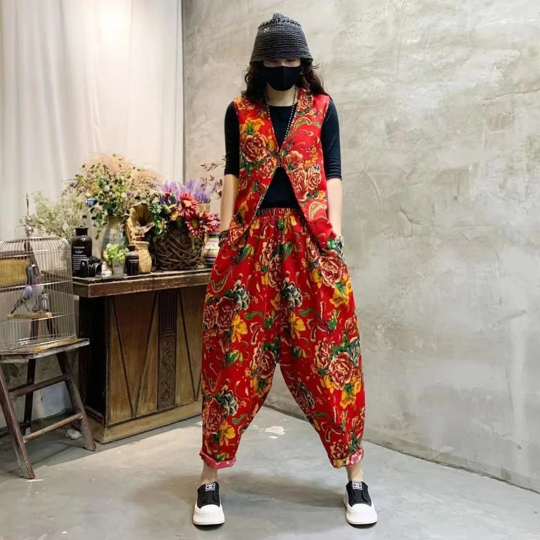 东北大花布马甲民族风宽松广场舞姐妹扭秧歌女装火显瘦哈伦裤套装