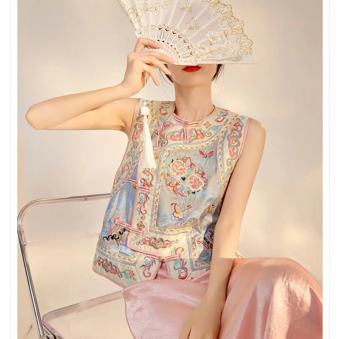 新中式复古国风女装重工刺绣人丝高级感轻奢无袖马甲宽松斜襟上衣