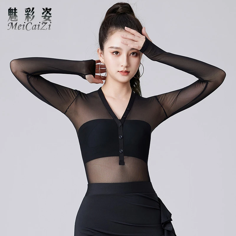摩登舞专业女式上衣新款时尚网纱拉丁舞练功服成人性感国标连体服
