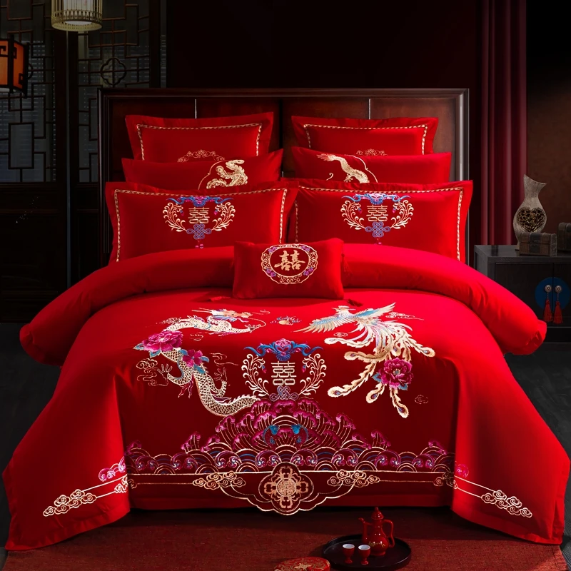 【盘龙逸凤】全棉纯棉婚庆四件套大红色刺绣花结婚陪嫁床上用品喜庆
