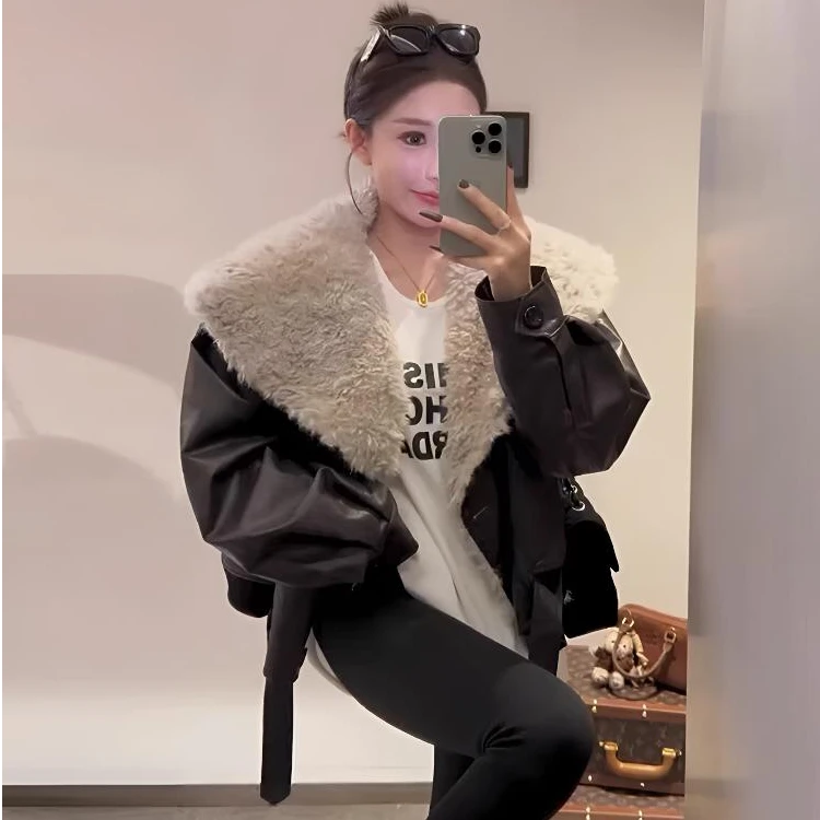 欧货皮毛短外套大翻领冬天网红款外套冬季拼接百搭休闲短款秋冬
