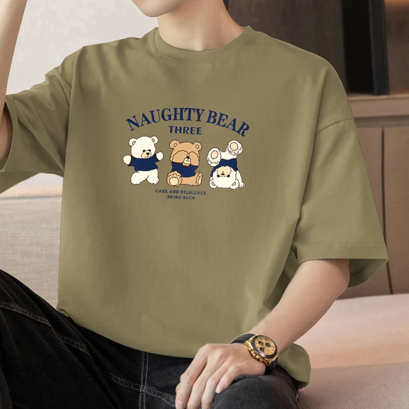 260g重磅纯棉t恤男士短袖2025新款夏季半袖小熊印花体恤美式宽松