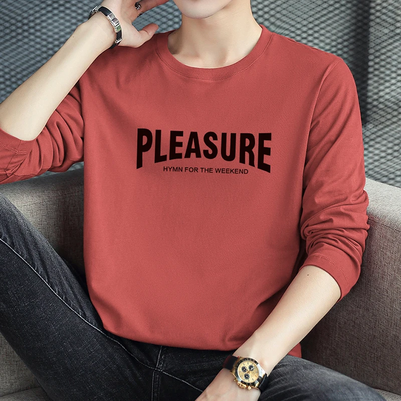 纯棉t恤男长袖宽松上衣服潮流字母印花体恤青少年全棉内搭打底衫