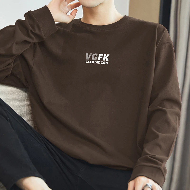 260g重磅纯棉长袖t恤男圆领字母印花全棉内搭打底衫美式宽松秋衣