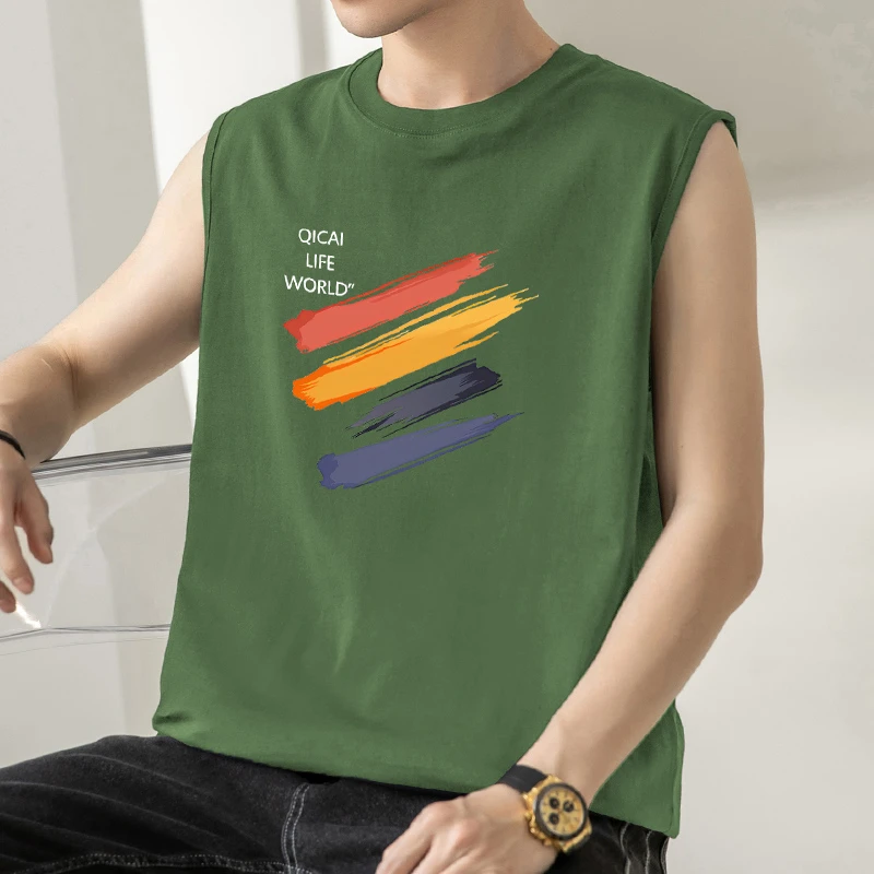 纯棉背心男士夏季宽松潮流涂鸦印花运动坎肩宽肩汗衫圆领无袖t恤