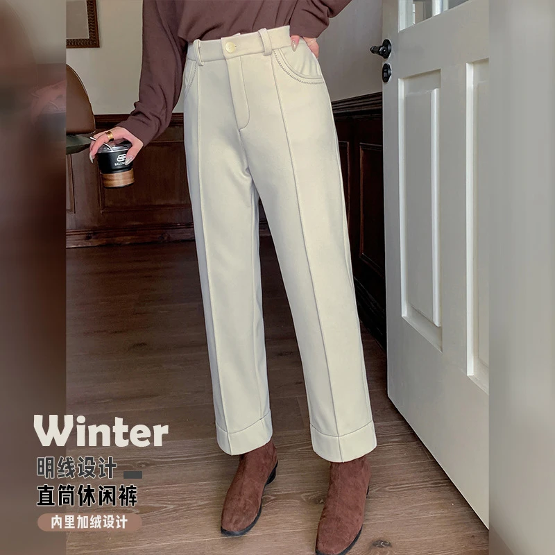 2024冬季新款胖妹妹200斤大码百搭时尚明线直筒毛呢加绒休闲裤