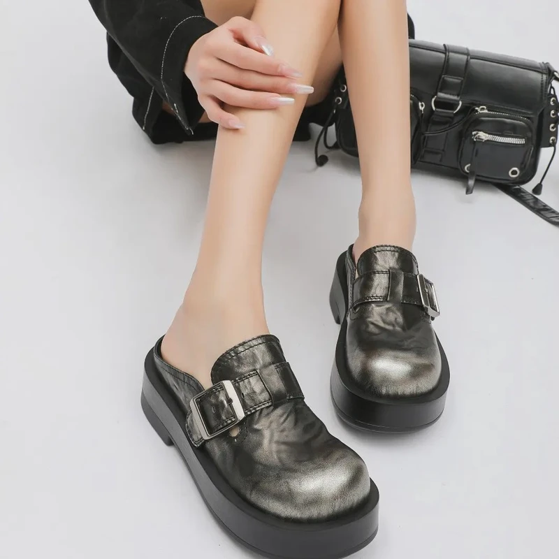 【椿野】原创夏季小众设计半拖厚底时尚百搭包头圆头2139-2黑色粗跟